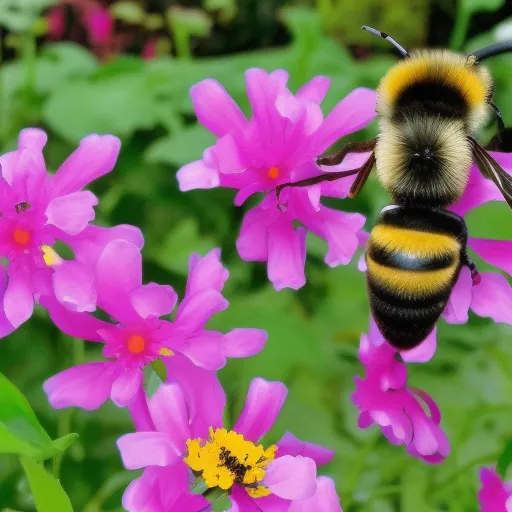 

This image shows a variety of colorful flowers in a garden, with a bee hovering over one of them. It illustrates the benefits of attracting beneficial insects to your garden, such as bees, which help to pollinate plants and increase the yield of