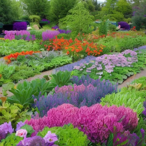 

The image shows a garden with a variety of plants growing together in harmony. The vibrant colors of the flowers and vegetables are a testament to the benefits of companion planting, which encourages the growth of multiple plants in the same area. The plants in