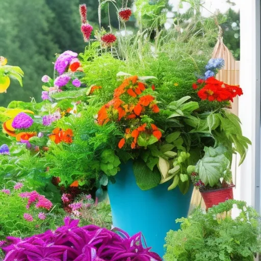 

This image shows a vibrant container garden with a variety of colorful flowers, herbs, and vegetables. It highlights the beauty and convenience of container gardening, which allows gardeners to grow plants in small spaces, on balconies, or even indoors.
