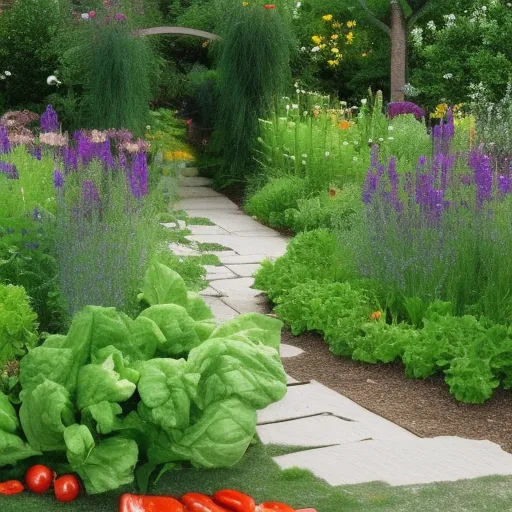 

This image shows a beautiful garden design featuring a variety of edible plants, including tomatoes, peppers, and herbs. The garden is surrounded by a white picket fence and a stone pathway, creating a peaceful and inviting atmosphere. The incorporation of edible