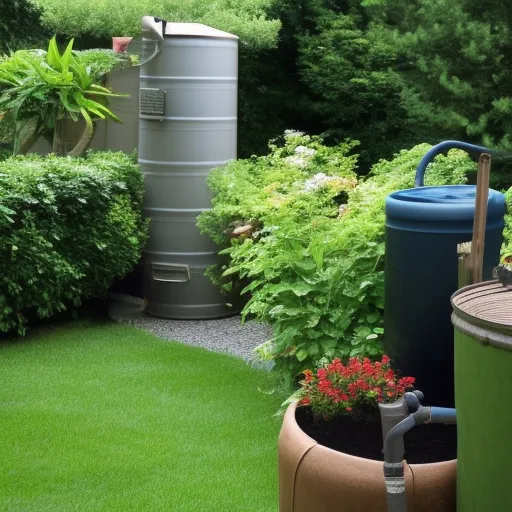 

This image shows a lush garden with a rain barrel in the foreground. The rain barrel is full of collected rainwater, which is being used to water the garden. This image illustrates the benefits of using rainwater for gardening, such as conserv