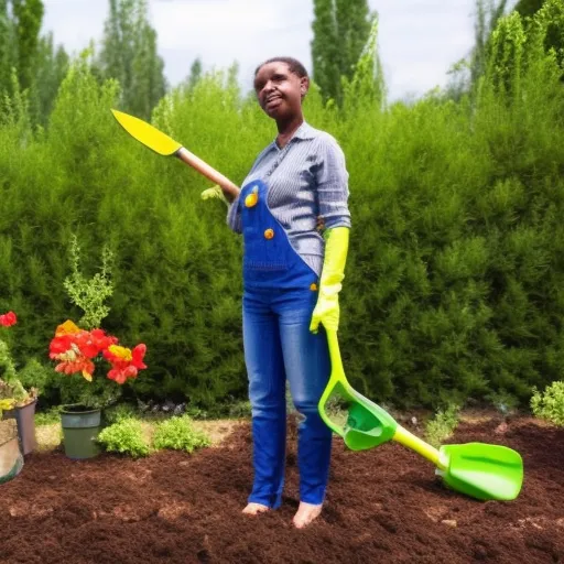 

An image of a person wearing gardening gloves and holding a variety of gardening tools, including a spade, a rake, and a watering can. The person is standing in a garden with lush green foliage, suggesting that they have had success with