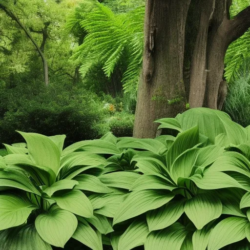 

The image shows a variety of lush, green plants thriving in the shade of a large tree. The plants are of different shapes and sizes, including ferns, hostas, and impatiens. The vibrant colors of the foliage and