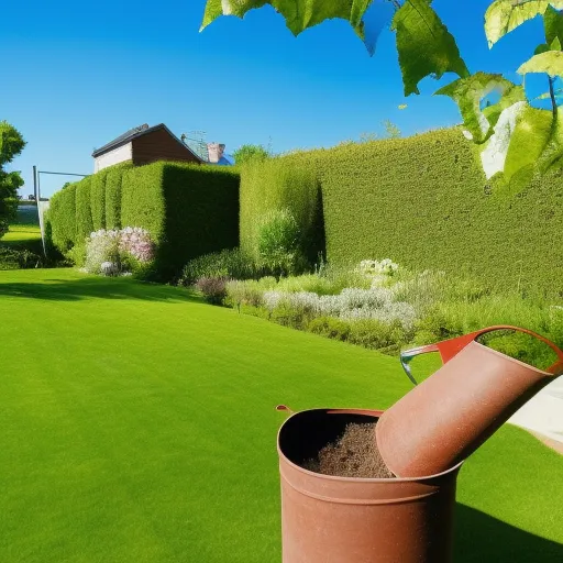 

The image shows a garden with a watering can in the foreground, with a bright blue sky in the background. The garden is lush and green, indicating that it has been well-watered. The image conveys the idea that proper watering