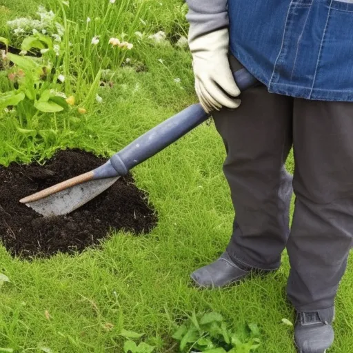

The image shows a person wearing gardening gloves and holding a shovel, standing in a garden bed filled with compost. The image illustrates the best tools and techniques for effective composting, showing the necessary equipment and the end result of successful composting.
