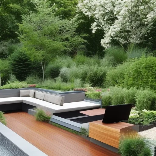 

The image shows a modern garden design that combines natural elements such as rocks, plants, and trees with modern elements such as a wooden deck and a sleek, contemporary seating area. The garden is surrounded by lush greenery, creating a peaceful and
