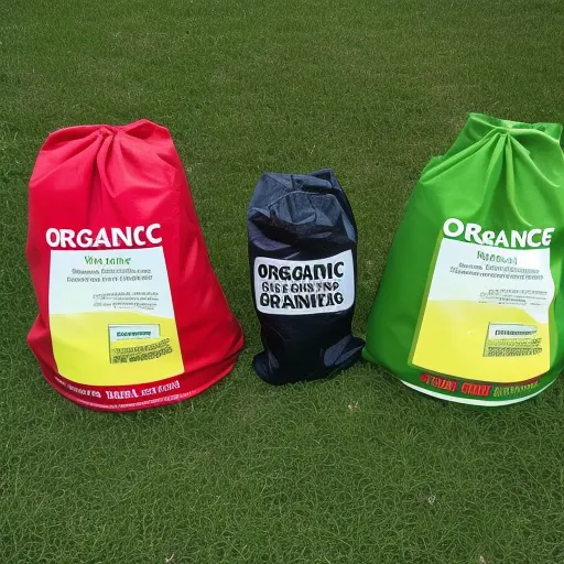 

The image shows two bags of fertilizer, one labeled "Organic" and the other labeled "Synthetic". The organic fertilizer is composed of natural materials, while the synthetic fertilizer is composed of man-made chemicals. The image is meant