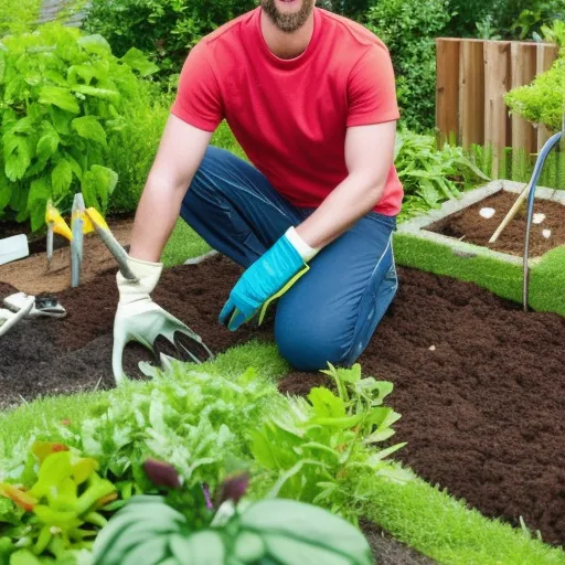 

The image shows a person wearing gardening gloves and kneeling in a freshly dug garden bed, surrounded by a variety of plants and gardening tools. The person is smiling, indicating a sense of accomplishment and satisfaction. This image is perfect to illustrate an article