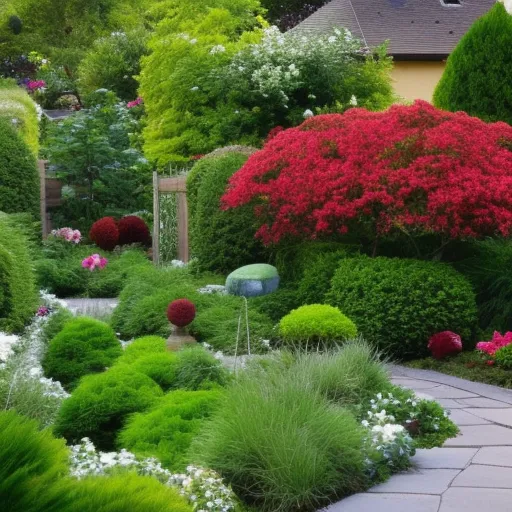 

This image shows a small garden with a variety of colorful flowers, shrubs, and trees, arranged in an attractive and creative design. The garden is surrounded by a white picket fence and has a small stone path winding through it. The