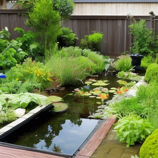 

The image shows a garden with a variety of plants and flowers, including a small pond. A hose is connected to the pond, and a bucket is filled with greywater. The image illustrates how greywater can be reused in the garden to