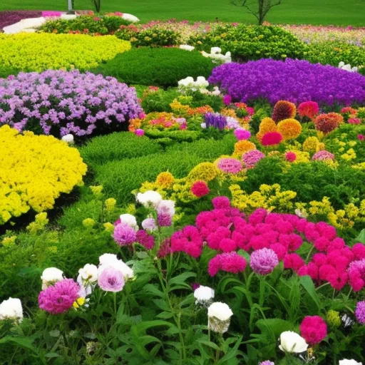 

This image shows a vibrant flower bed with a variety of colorful flowers in shades of pink, purple, yellow, and white. The flowers are arranged in a circular pattern and are surrounded by lush green grass. The bright colors of the flowers create