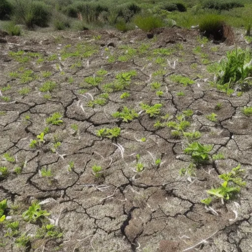 

The image shows a patch of soil with a few wilted and yellowing plants. The soil is cracked and dry, indicating that it has been overwatered. This image illustrates the detrimental effects of overwatering on soil structure and plant growth