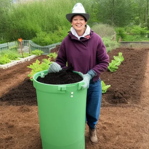 

An image of a person in a garden, wearing gardening gloves and a hat, holding a shovel and standing in front of a compost bin filled with soil and leaves. The person is smiling, showing that composting can be a fun and rewarding
