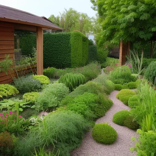 

The image shows a lush herb garden with a variety of plants in different colors and sizes. The garden is well-maintained, with a neat path winding through the plants. The herbs are arranged in a pleasing pattern and are surrounded by