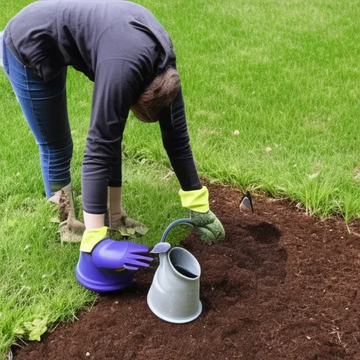 

The image shows a person wearing gardening gloves and kneeling in a newly planted flower bed, gently pouring water from a watering can onto the soil. The person is carefully ensuring that the water is evenly distributed throughout the planting bed.