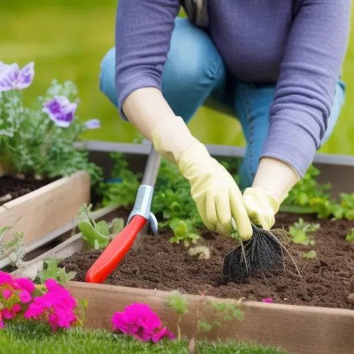 

A woman in a garden, wearing a wide-brimmed hat and gardening gloves, is happily planting a variety of flowers in a small, budget-friendly raised bed. She is surrounded by a variety of tools and supplies, demonstrating how