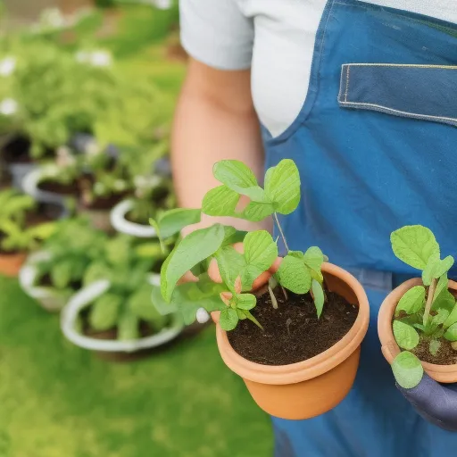 

An image of a person wearing gardening gloves and holding a bundle of seedlings in a small pot. The person is standing in a small backyard garden with a few plants already growing. The image illustrates how it is possible to start an organic garden