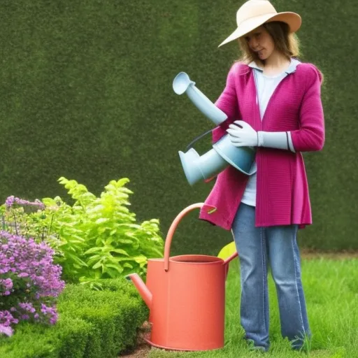 

The image shows a person standing in a garden, holding a watering can and looking at a variety of plants. The person is wearing a hat and gloves, suggesting that they are taking the necessary precautions to ensure their garden is properly watered. The
