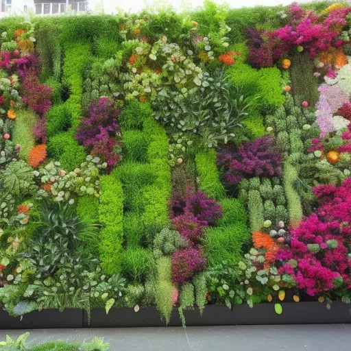 

This image shows a vibrant vertical garden in a modern urban setting. The garden is composed of a variety of plants and flowers arranged in a creative pattern on a wall, creating a beautiful and eye-catching display. The garden is a great example