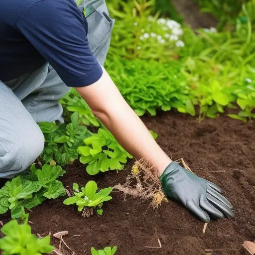 

This image shows a gardener wearing gloves and kneeling in a garden bed, surrounded by lush green foliage. The gardener is using a hand trowel to carefully dig up the soil and expose the pests living beneath the surface. The image