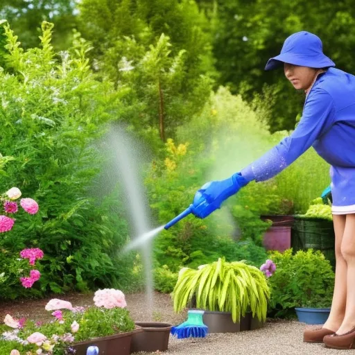 

The image shows a woman in a garden, wearing a hat and gloves, and holding a bucket of water. She is spraying the water around her garden to keep pests away. The image illustrates natural ways to keep pests out of your garden,