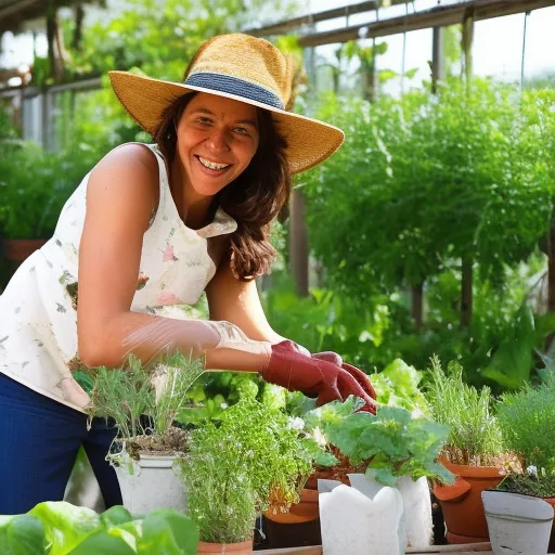 

An image of a woman planting herbs in a kitchen garden, with a variety of herbs and vegetables growing in the background. The woman is wearing a sun hat and gloves, and is smiling as she works in the garden.