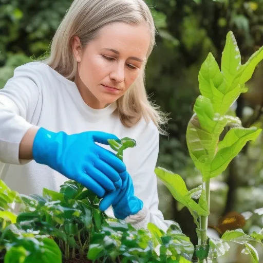 

An image of a woman in a garden wearing gardening gloves and spraying a whitefly infested plant with an insecticide. The woman is taking preventative measures to protect her garden plants from whitefly infestation.