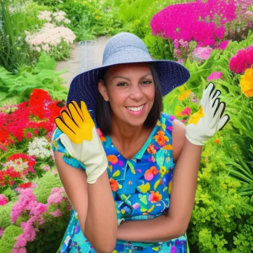 

An image of a woman in a garden wearing a sun hat and gloves, surrounded by colorful flowers of various shapes and sizes. The woman is happily tending to her garden, with a smile on her face. The image conveys the joy and