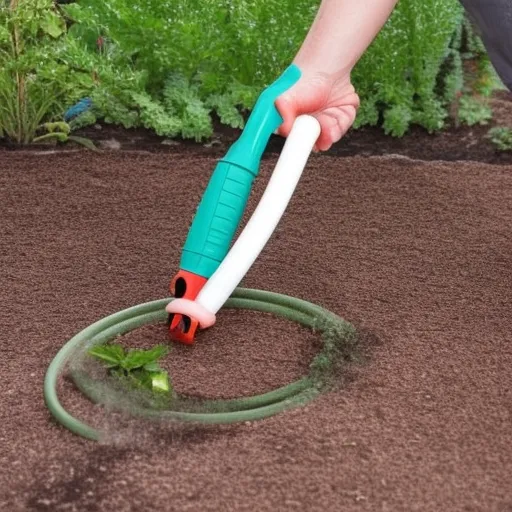 

An image of a garden hose with a nozzle attached, with a hand turning the nozzle to adjust the water flow. The image illustrates the importance of using a nozzle on a garden hose to conserve water in the garden.