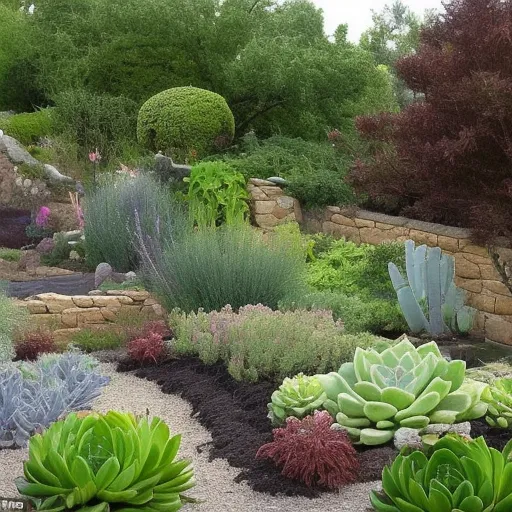 

This image shows a garden with a variety of plants and shrubs, including a water-wise succulent garden. The garden is surrounded by a low stone wall and a water barrel is visible in the background. The image conveys the idea