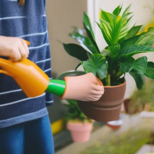 

This image shows a person with a green thumb watering a houseplant in a pot with a watering can. The person is wearing gardening gloves and has a smile on their face, suggesting they are enjoying the task. This image illustrates the article's