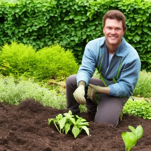 

An image of a person wearing gardening gloves, kneeling in a garden bed filled with dark, rich soil, surrounded by lush green plants. The person is smiling and looks content. This image illustrates the article by showing the rewards of improving poor soil