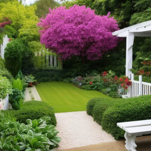 

The image shows a lush garden with a variety of plants and flowers in different colors and textures. The garden is surrounded by a white picket fence, and a stone pathway leads to a wooden bench. The garden is a perfect example of how