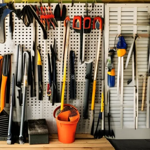 

An image of a neatly organized shed filled with gardening tools, including rakes, shovels, and pruning shears, hanging on the walls and stored in labeled bins.