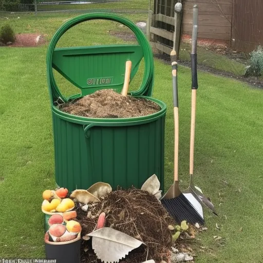 

The image shows a compost bin with a variety of organic materials, including leaves, twigs, and vegetable scraps. The compost bin is surrounded by a variety of tools, such as a shovel, rake, and trowel, as well