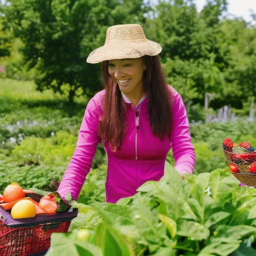 

This image shows a woman in a garden, wearing a sun hat and gloves, tending to a variety of fruits and berries in her garden. The vibrant colors of the fruits and berries indicate a successful harvest, and the woman's smile suggests she